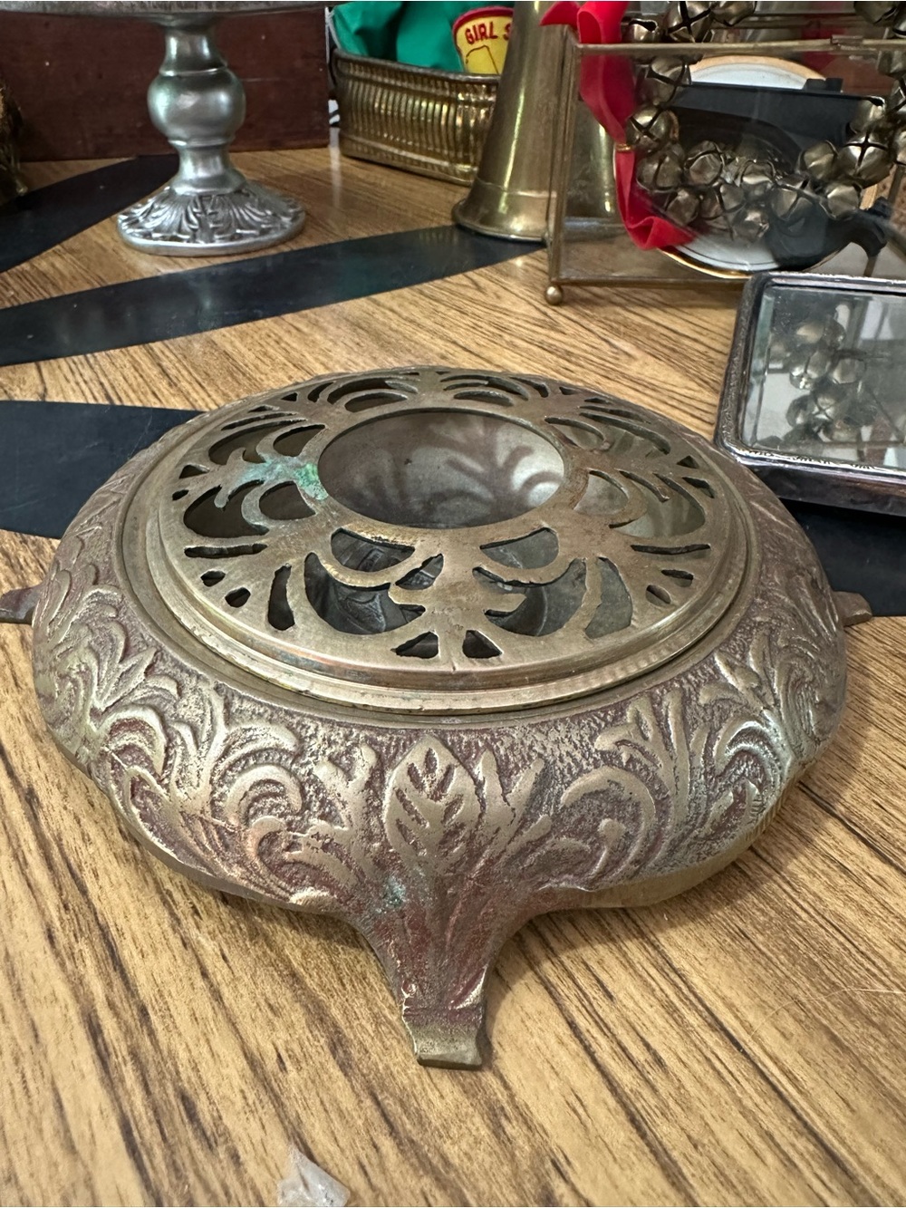 Vintage Ornate Brass Incense Burner with Filigree Lid